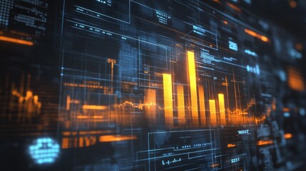 Fototapete - A D bar graph representing financial data growth, set against a dark background with a digital interface and various financial symbols around it.