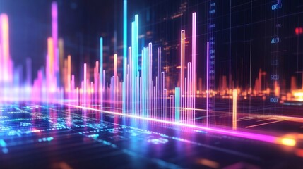 Leinwandbilder - A D bar graph with bright, metallic bars showing financial data in a minimalist setting, with a modern, sleek digital interface in the background.