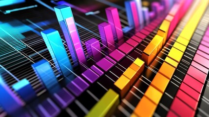 Aufkleber - A D bar graph with bright, metallic bars showing financial data in a minimalist setting, with a modern, sleek digital interface in the background.