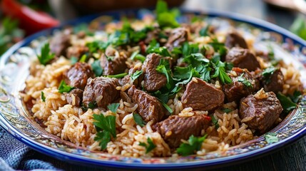 Wall Mural - A beautiful image of beef rice garnished with fresh herbs and served on a decorative plate, emphasizing the dishs inviting appearance and gourmet appeal.