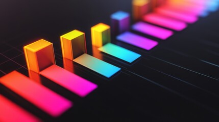 Fototapete - A close-up of a D bar chart showing business growth and financial trends, with a dark gradient background and reflective surfaces for a sleek look.