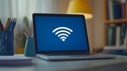 Fototapete - A close-up of a laptop screen displaying a Wi-Fi connection icon, surrounded by notebooks and stationery, creating a modern workspace atmosphere.