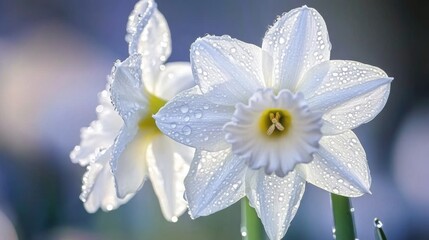 Poster - A delicate image of a white daffodil with dew drops on its petals, set against a blurred natural background, emphasizing its beauty and the freshness of spring.