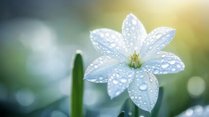 Poster - A delicate image of a white daffodil with dew drops on its petals, set against a blurred natural background, emphasizing its beauty and the freshness of spring.
