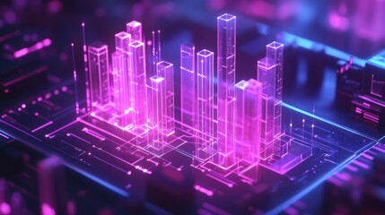 Leinwandbilder - A dynamic D financial bar chart with glowing lines and a digital interface, showing key business metrics in a high-tech environment.