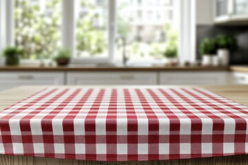 Wall Mural - Red checkered tablecloth kitchen table, bright background (1)