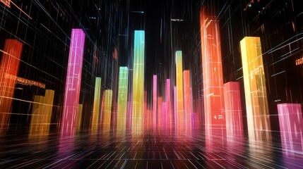 Poster - A futuristic financial D bar graph showing rising bars in bright colors, floating against a digital grid background with financial symbols.