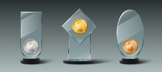 Wall Mural - glass trophy collection decorated with ranking medals - gold first place, silver second, bronze thir