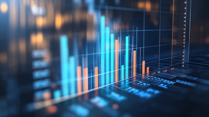 Leinwandbilder - A modern D bar graph displaying financial performance with rising and falling bars, set against a professional blue and gray background.
