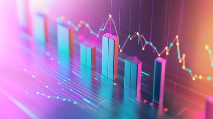 Fototapete - A professional D bar chart in soft gradient tones, with bars rising upwards and data lines overlaid, set in a minimalist digital environment.