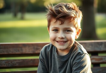 Wall Mural - Photorealistic portrait of a boy in a park