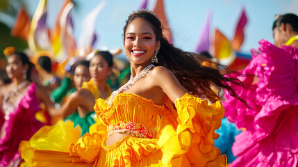 Sinulog Festival, a colorful parade with participants dressed in bright traditional Filipino costumes, dancing energetically on the main street. AI generated images.