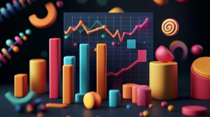 Leinwandbilder - A set of colorful D financial graphs showing stock performance and business growth, set against a dark background with digital elements.