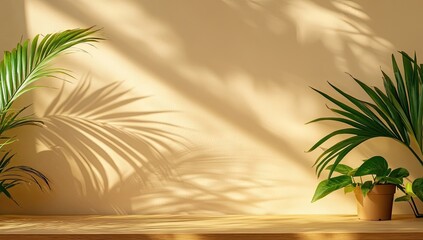 Wall Mural - Sunlight illuminates plants on wooden shelf, beige wall background, interior design