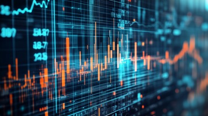 Leinwandbilder - Digital financial graphs and line charts overlaid on a futuristic background, representing data analysis and business growth trends.