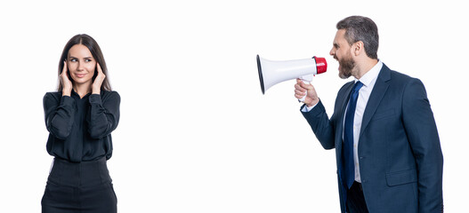 Wall Mural - businessman shouting on employee in loudspeaker isolated on white. business man has conflict with partner about promotion. businessman solving conflict. Persistent problem. business conflict