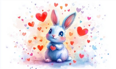 Wall Mural - Cute rabbit holding heart surrounded by colorful hearts and soft pastel background