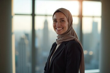 Middle aged woman headscarf black blazer city skyline smile confident