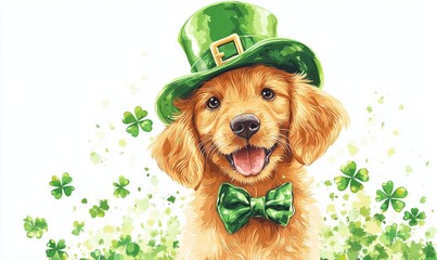 Wall Mural - Cute golden retriever puppy wearing green hat and bow tie with shamrocks background