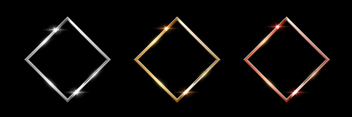 Wall Mural - gold, silver and bronze square frames. metal thin photo or picture frames isolated on black backgrou