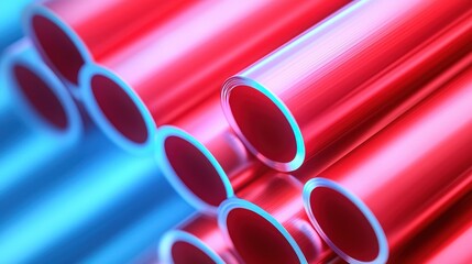 Wall Mural - A vibrant close-up of red and blue metallic tubes, showcasing their smooth surfaces and distinct colors, creating an eye-catching visual effect.