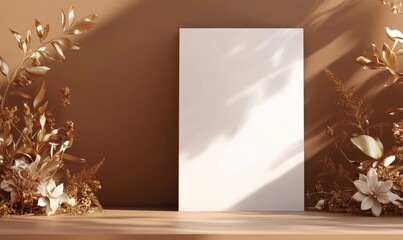 Wall Mural - Elegant blank canvas surrounded by golden foliage and flowers for creative presentations