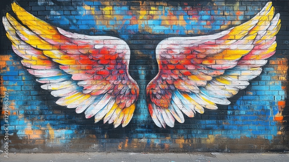 Colorful mural of angel wings on a brick wall in an urban setting ...