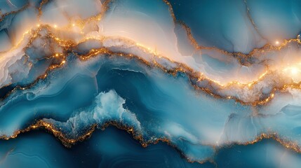 Poster - Abstract marble design with gold veins, blue tones, and glowing lights. Use wallpaper or background