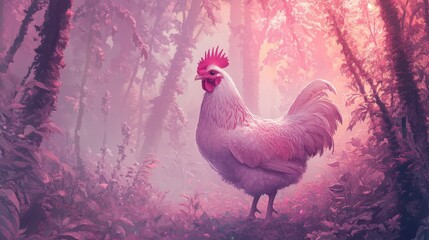 Canvas Print - A majestic chicken with a crown under a canopy of glowing fairy trees, soft pastel hues filling the scene