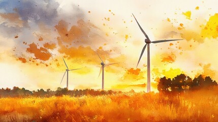 Canvas Print - A picturesque wind turbine field glowing in golden hues, enhanced by vibrant watercolor brushstrokes.