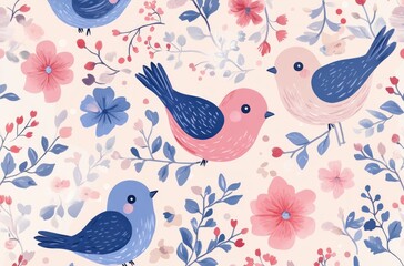 Wall Mural - Enchanting Floral Birds: A charming composition features delightful birds perched amidst a vibrant floral arrangement, creating a whimsical and colorful scene
