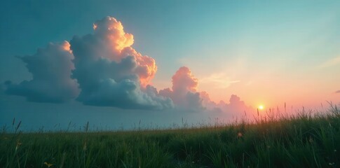 Wall Mural - Softly lit clouds glow with an ethereal light, their shadows stretching out across the grassy meadow, glowing, ethereal, atmospheric