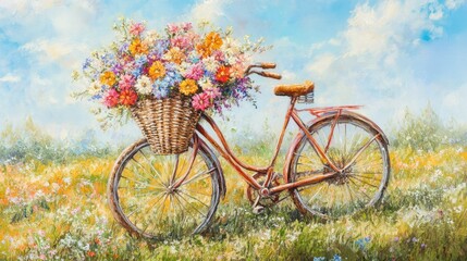 Wall Mural - A rustic bicycle adorned with vibrant flowers in a wicker basket, set against a sunny spring meadow, radiating joyful vibes