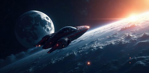 Wall Mural - spacecraft passing by the earth and moon in space, cosmos, stars