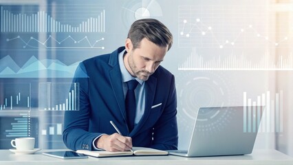 Leinwandbilder - A focused professional in a suit writes in a notebook while analyzing data on a laptop, depicting a blend of business and technology.
