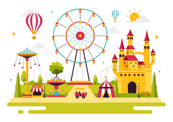 Theme Parks Vector Illustration featuring an Amusement Park with a Ferris wheel, Fun Game Booths, a Ticket Box, and Trade Fair Stalls in a Background