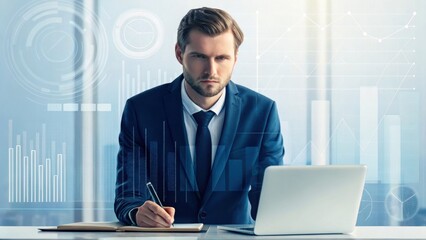 Leinwandbilder - A focused businessman in a suit works on a laptop, with digital graphs and data overlays in a modern office setting.