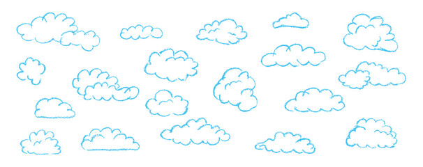 Wall Mural - set of abstract pencil clouds. hand drawn cartoon cloudy sky. vector illustration of collection of b
