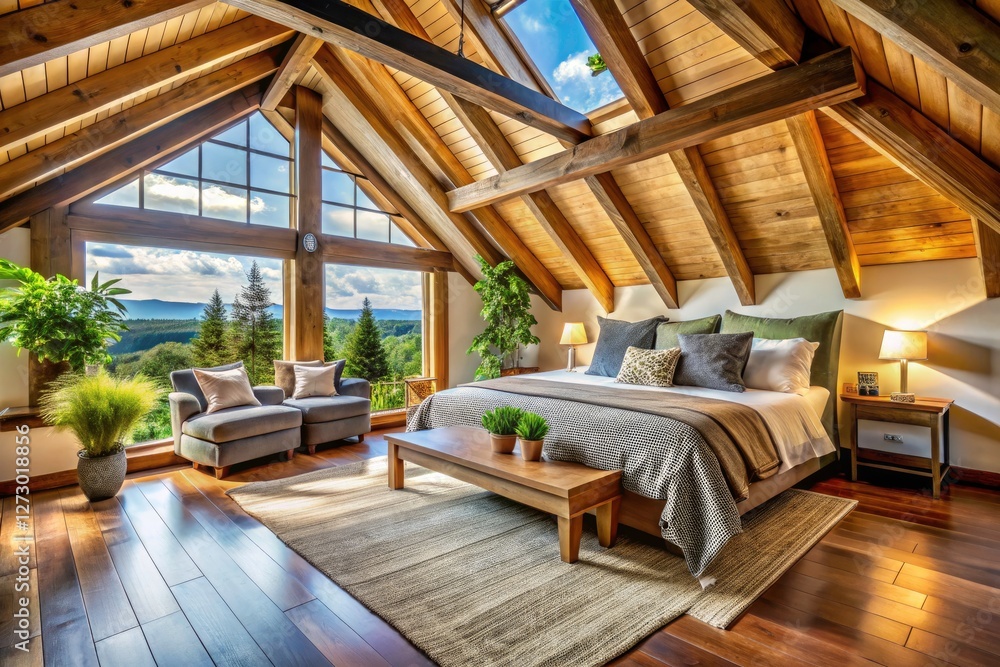 Stylish wooden attic master bedroom: panoramic photography reveals cozy ...