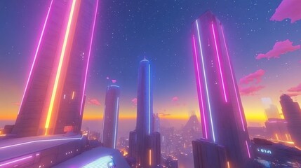 Wall Mural - Neon Cityscape Sunset Futuristic towers glow at dusk, overlooking a sprawling metropolis; ideal for sci-fi game backgrounds