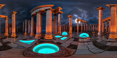 Wall Mural - Full 360 degrees seamless spherical panorama HDRI equirectangular projection of ancient Roman city neon marble columns. Texture environment map for lighting and reflection source rendering 3d scenes.