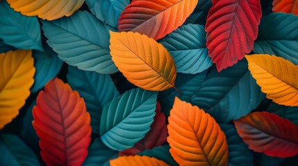 Wall Mural - autumn leaves in color palette of red, orange, and green, set against dark background, perfect for s