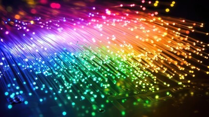 Poster - A close-up of fiber optic strands on a circuit board, transmitting data with vibrant lights, representing cutting-edge communication technology and innovation.