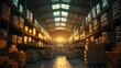 © Thanapon - Vast Warehouse Interior with Rows of Cardboard Boxes and Pallets at Golden Hour