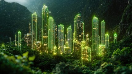 Poster - A futuristic city where glowing green outlines of skyscrapers rise above vibrant, flourishing greenery, creating a perfect balance between nature and innovation.