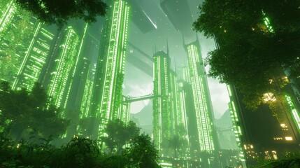 Poster - A futuristic city where glowing green outlines of skyscrapers rise above vibrant, flourishing greenery, creating a perfect balance between nature and innovation.