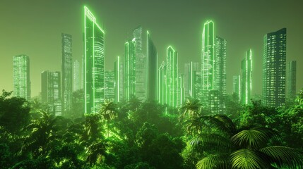 Poster - A futuristic city where glowing green outlines of skyscrapers rise above vibrant, flourishing greenery, creating a perfect balance between nature and innovation.