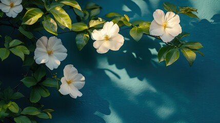 Poster - White flowers vine teal wall sunlight background design