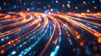 Poster - A high-tech data center with glowing network cables, creating a futuristic tunnel effect, emphasizing fast digital data transfer.
