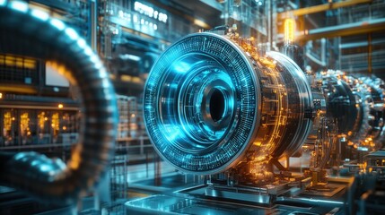 Poster - A holographic engine rotating in a high-tech factory, surrounded by intricate details and illuminated by vibrant, futuristic lights, symbolizing technological innovation.